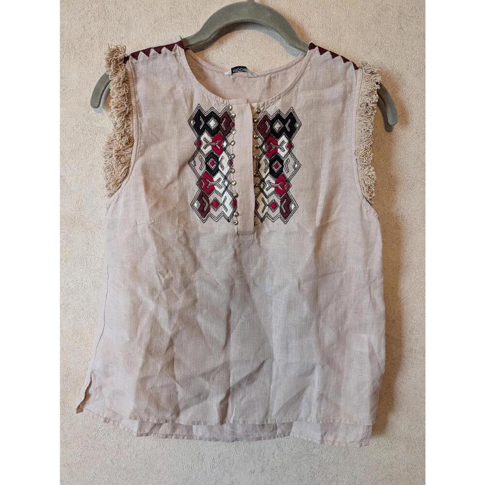 ST ROCHE tan linen embroidered fringe sleeve tank top sz XS